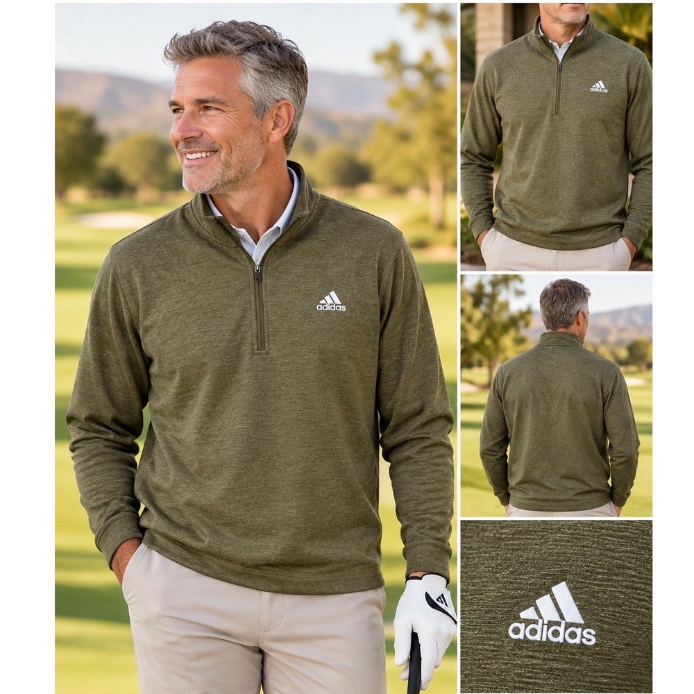 Adidas Golf Mens Medium Olive Green Heather Quarter Zip Pullover Long Sleeve